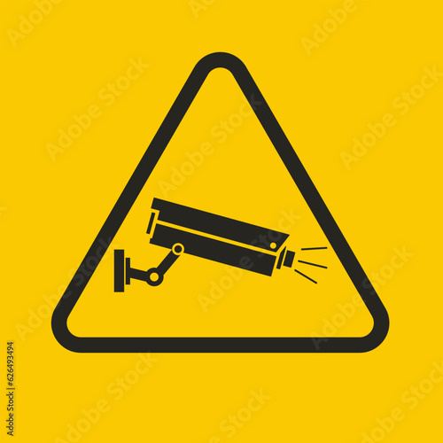 Printable black and yellow sticker 24 hour CCTV in operation, with illustration of security surveillance camera, a cctv icon, under protection and monitored area symbol