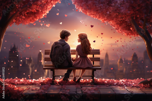 Whimsical Valentine s Day setup  Heart-shaped balloons  confetti  childhood couple on bench in 3D illustration Generative AI