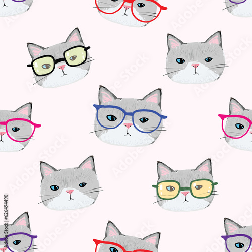Seamless Pattern of Cute Cat Face with Glasses Design on Light Pink Background