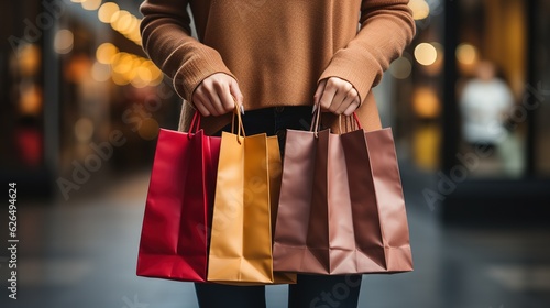 Person holding a shopping bags filled with Black Friday purchases. Sale and discount. Generative AI