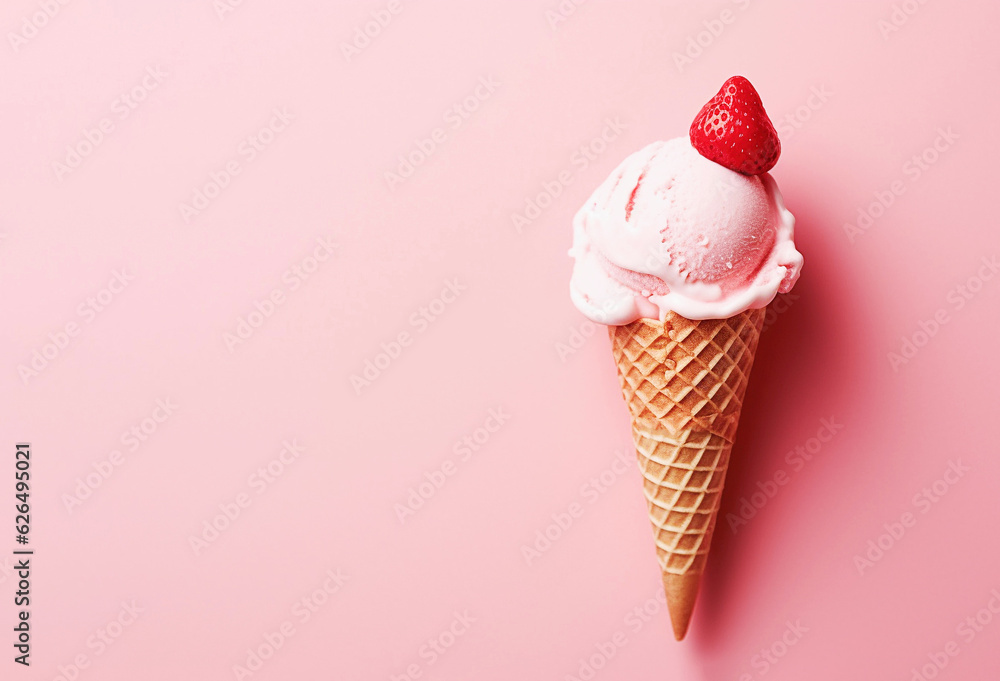 Cornet ice cream with a strawberry scoop Cornet ice cream with a strawberry scoop