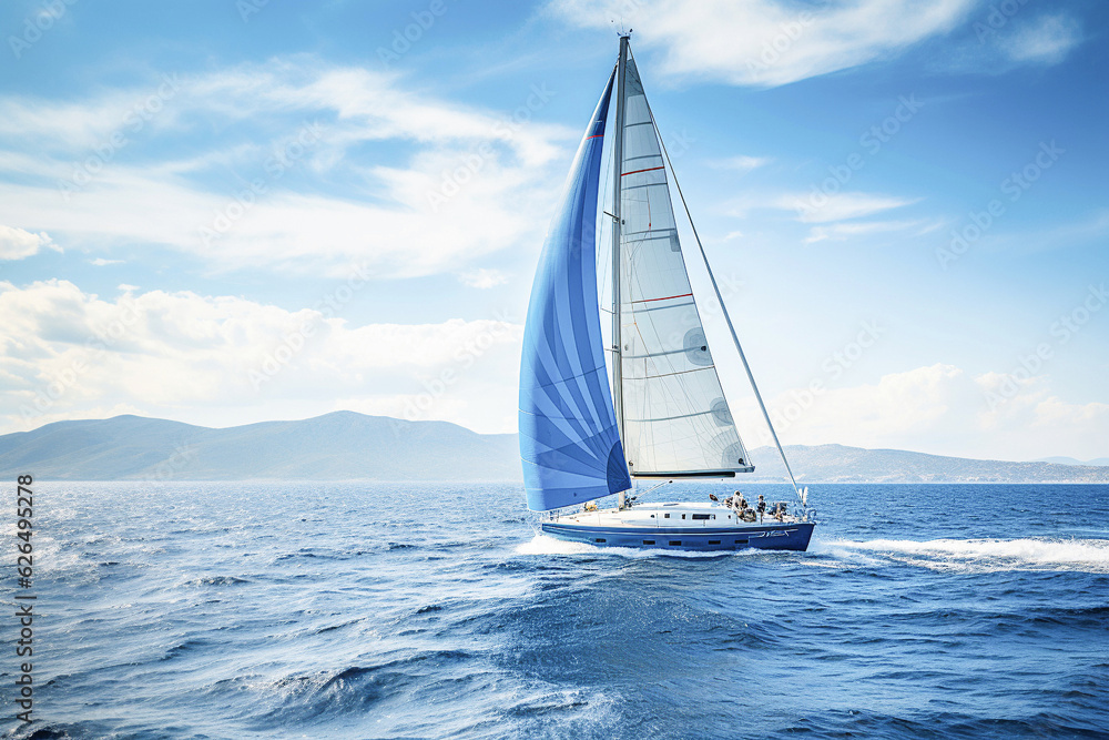  Sailing yacht gliding on blue waves