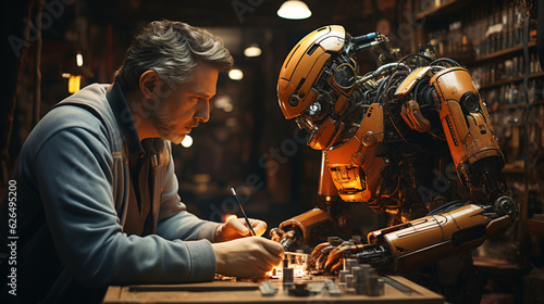 Robot helping a man to repair items in a workshop