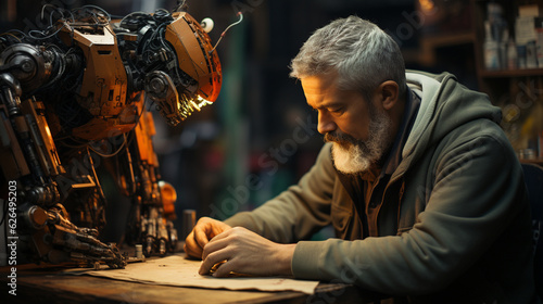 Robot helping a man to repair items in a workshop © Graphic Hunters
