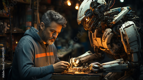 Wallpaper Mural Robot helping a man to repair items in a workshop Torontodigital.ca