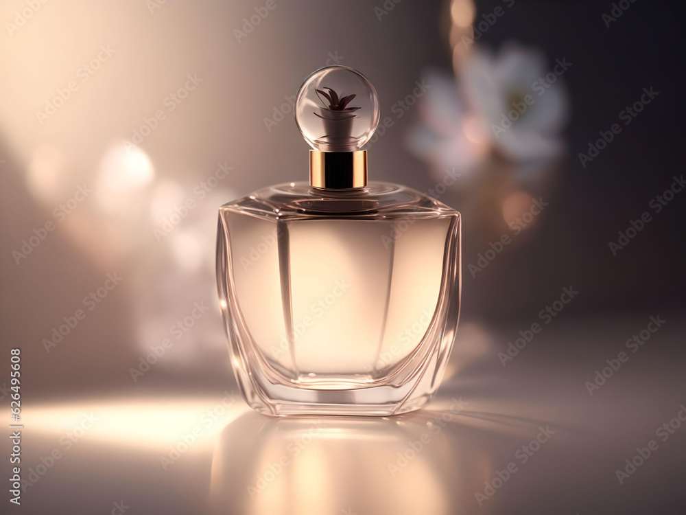 Perfume bottle with flowers on table against bokeh background. AI Generated. Perfume bottle with flowers on table against bokeh background. AI Generated.