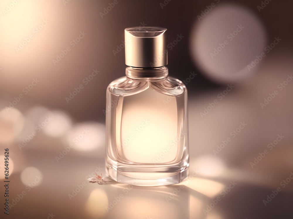 Perfume bottle with flowers on table against bokeh background. AI Generated. Perfume bottle with flowers on table against bokeh background. AI Generated.