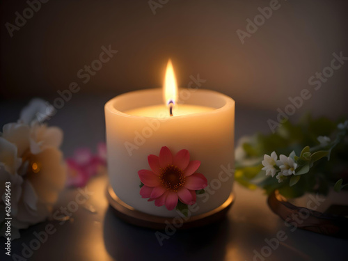 Candle with flowers on a wooden table.  AI Generated.
