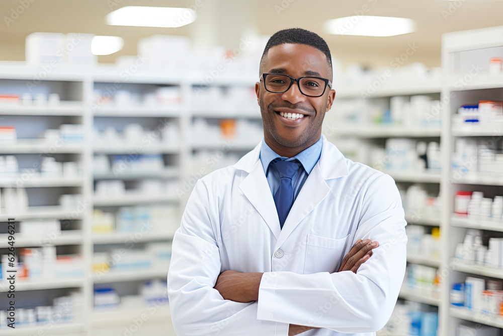 african american male pharmacist in pharmacy