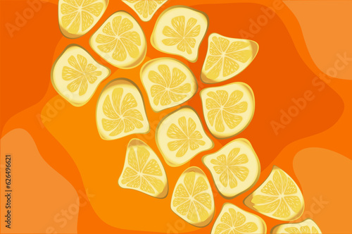 Yellow and orange summer background. Composition of distorted lemons on abstract round shapes. Summer concept, refreshing, fun and tasty.