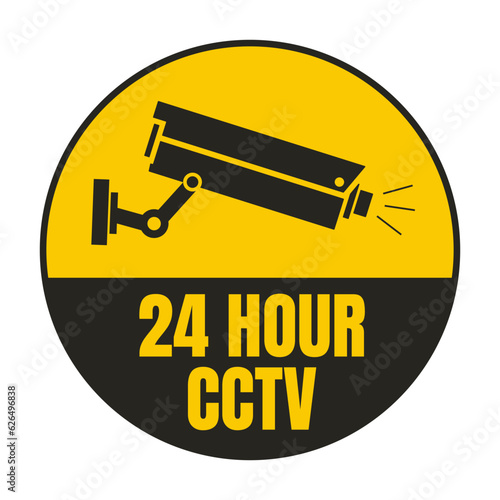 Printable black and yellow sticker 24 hour CCTV in operation, with illustration of security surveillance camera, a cctv icon, under protection and monitored area symbol