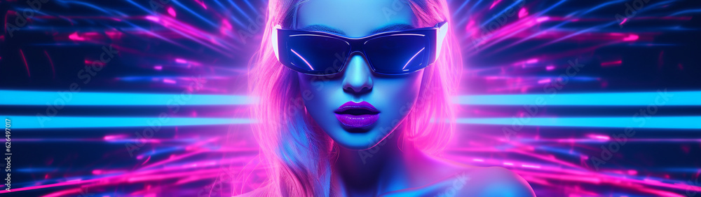 Banner with glamour beautiful girl wearing vr glasses. Fashion and beauty concept. Generative AI