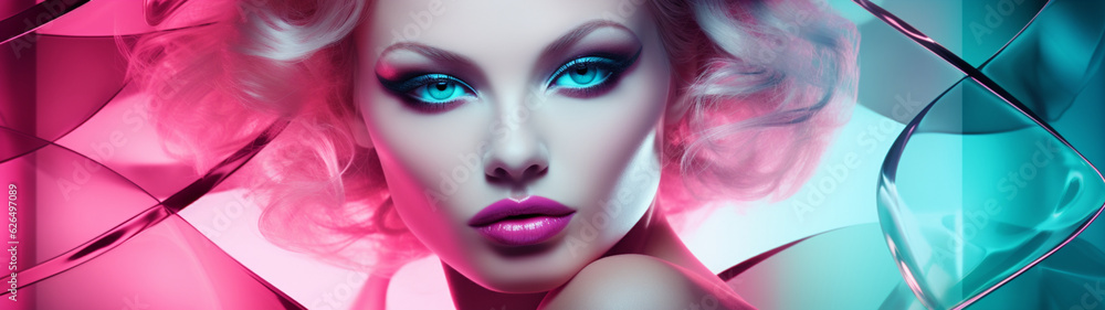Banner with beautiful seductive blonde girl with pink and blue neon glowing lights on modern glass background. Beauty make up and cosmetics concept. Generative AI