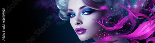 Banner with beautiful blonde woman with pink wave background. Beauty concept. Generative AI
