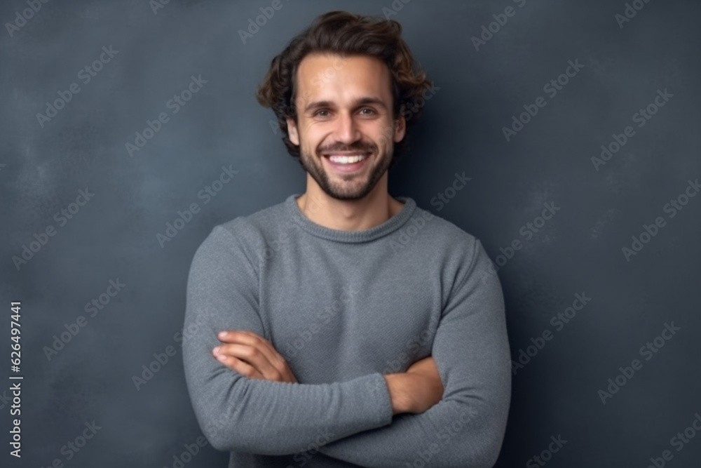 Portrait of handsome smiling young man with folded arms, Smiling joyful cheerful men with crossed hands studio shot, Isolated on gray background
