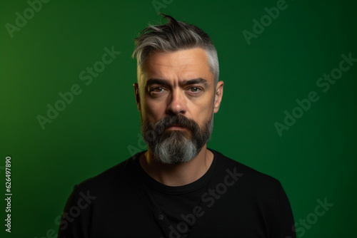 Adult man wearing small beard, with black shirt in studio shot with green background