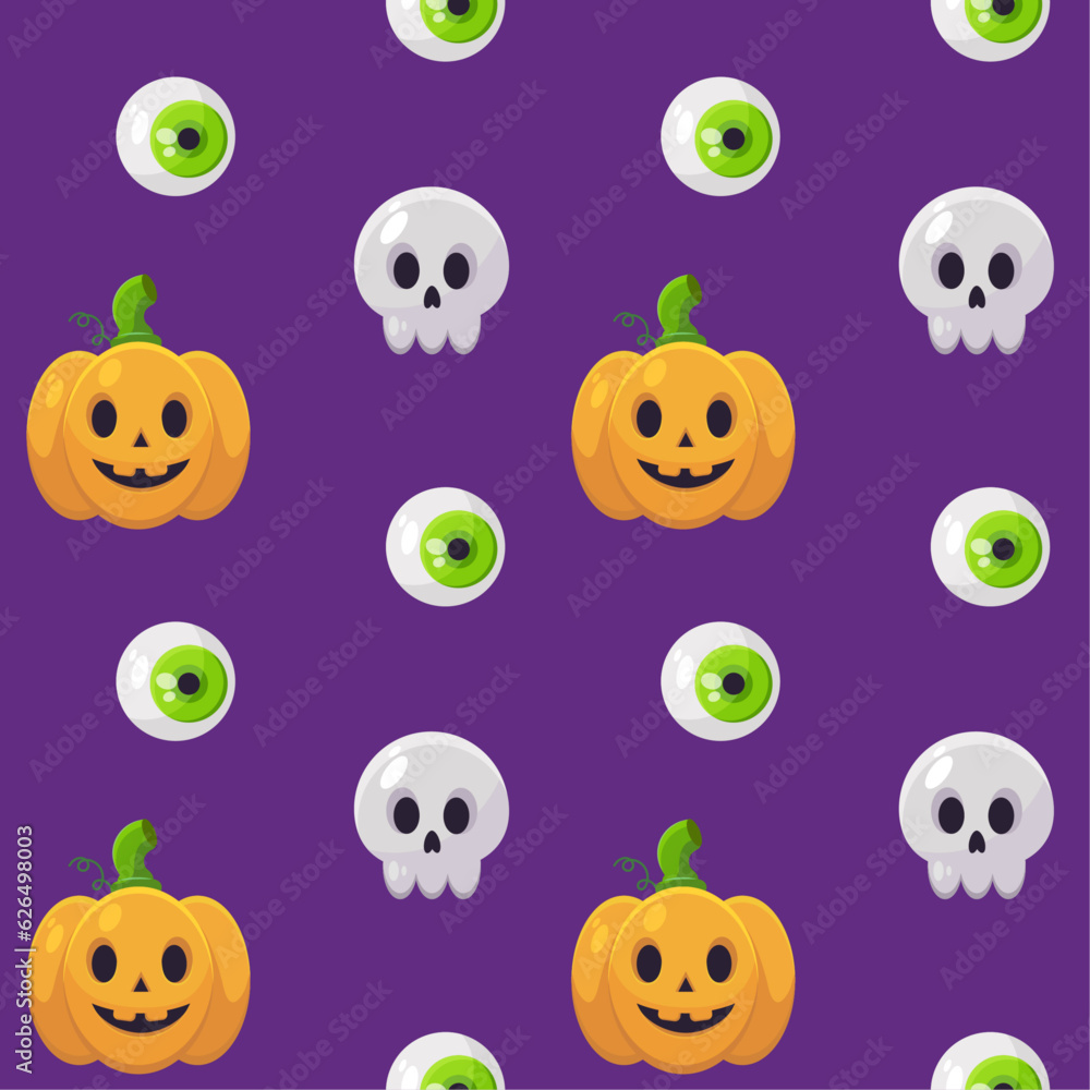 Happy Halloween seamless pattern with pumpkin, skull and eyes Happy Halloween seamless pattern with pumpkin, skull and eyes