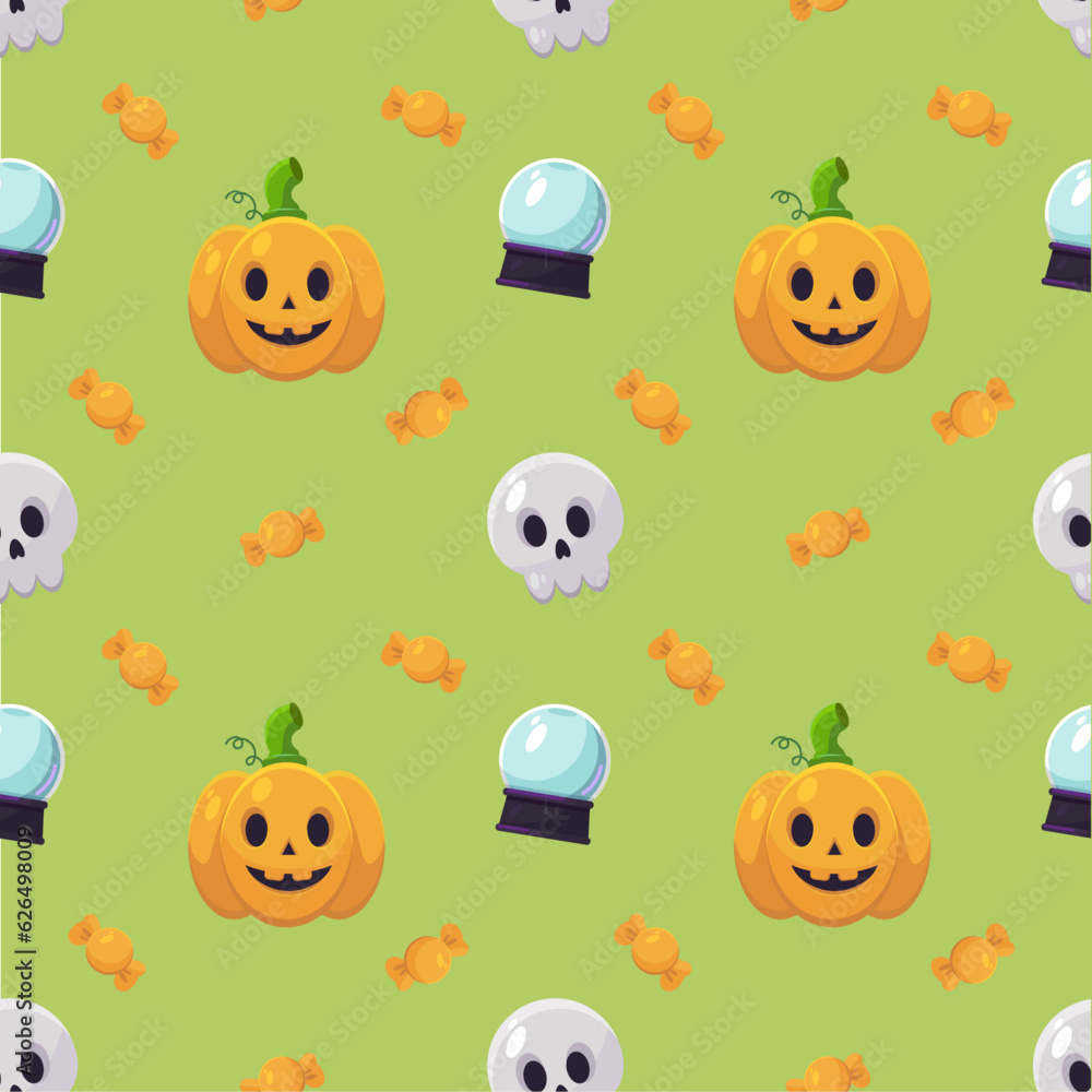 Happy Halloween seamless pattern with pumpkin, skull and candies