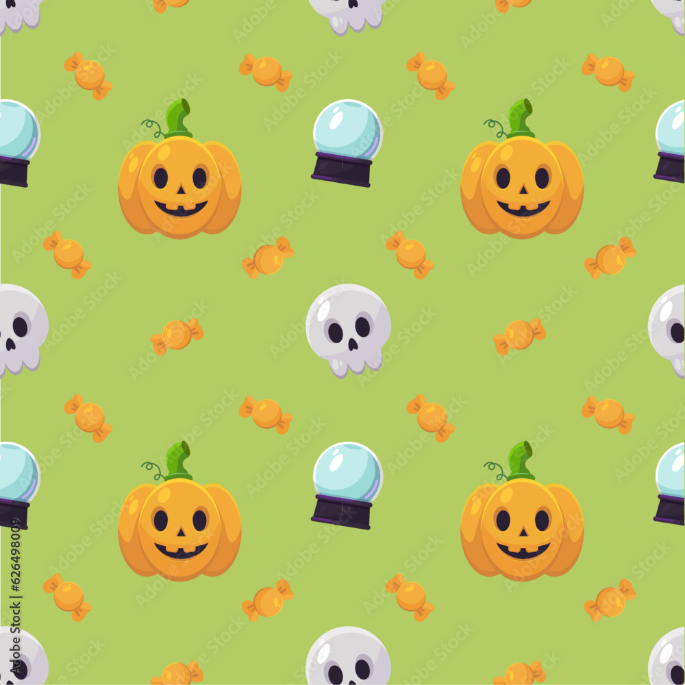 Happy Halloween seamless pattern with pumpkin, skull and candies Happy Halloween seamless pattern with pumpkin, skull and candies