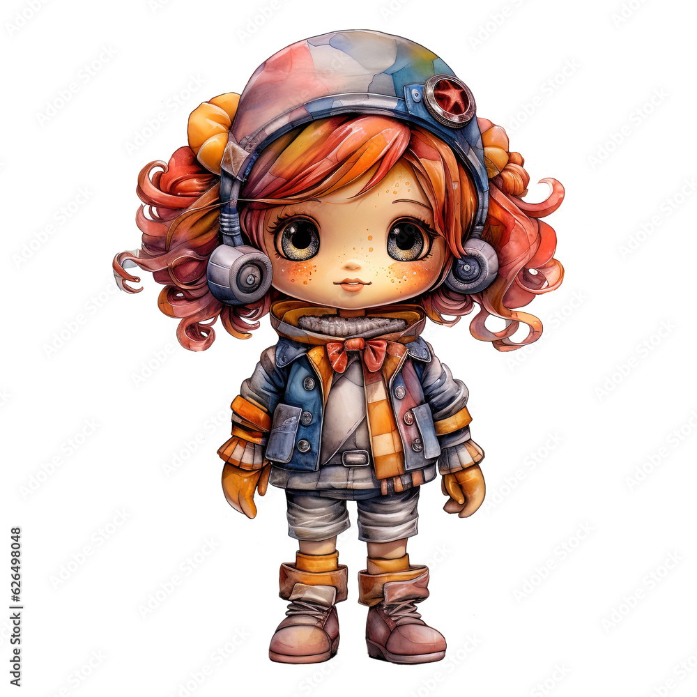 Retro girl with a doll watercolor Illustration Clipart cartoon isolated transparent background, PNG illustration ,Generative ai Retro girl with a doll watercolor Illustration Clipart cartoon isolated transparent background, PNG illustration ,Generative ai