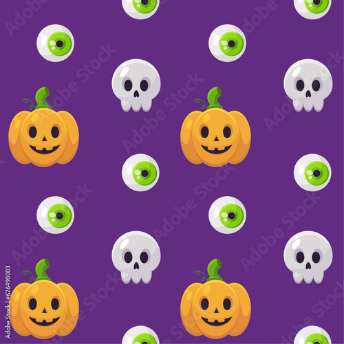 Happy Halloween seamless pattern with pumpkin, skull and eyes 