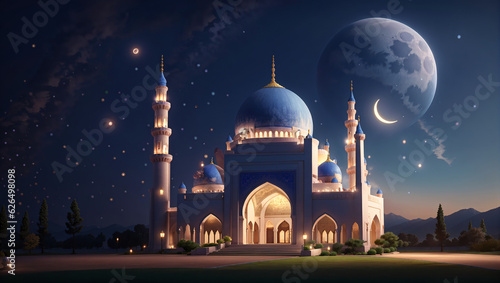 Mosque with a crescent moon and stars in the sky