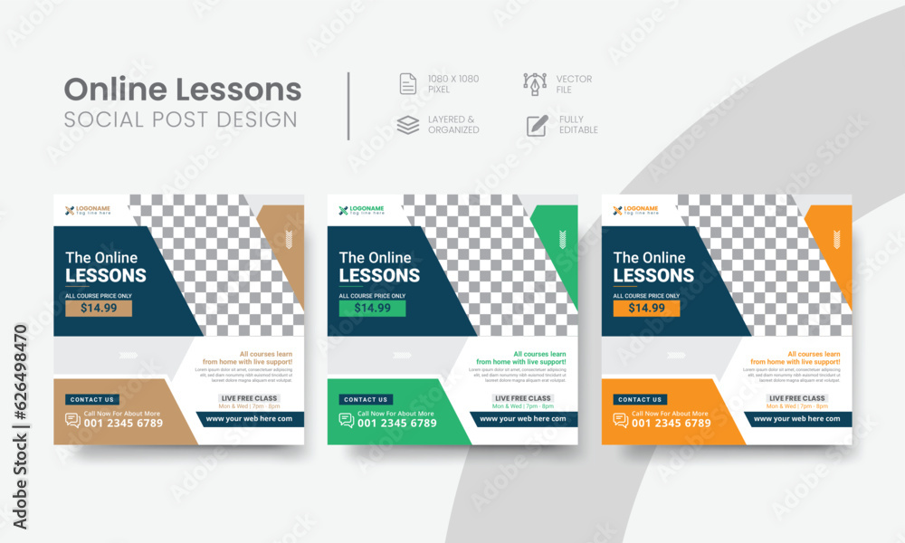 Luxurious online lessons social media post for graduation, courses, or tutoring promo. Latest lessons, courses, graduation webinar social web banner template. Vol - 16