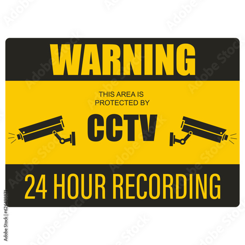 Printable black and yellow sticker 24 hour CCTV in operation, with illustration of security surveillance camera, a cctv icon, under protection and monitored area symbol