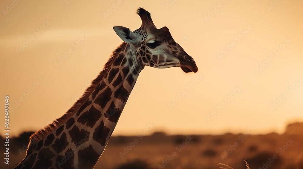 A head shot of a giraffe with nice blurred background in sunset lights. Generative AI.