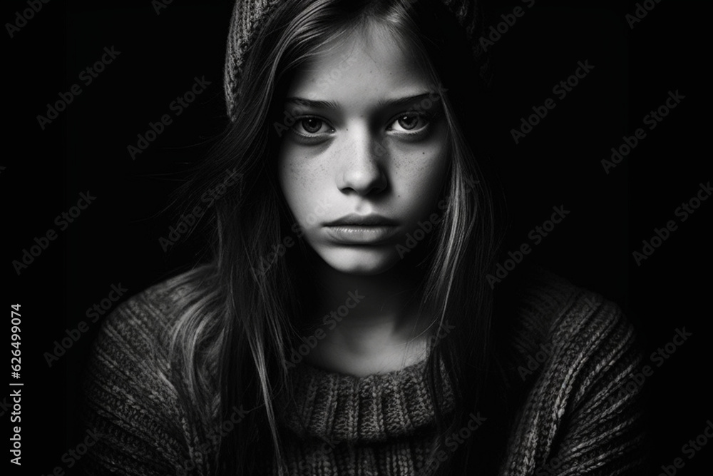Black and white portrait of sad teenage girl on dark background, dark light photography