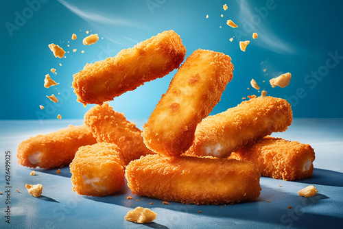 tasty and crunchy fried fish fingers, flying, created with generative ai