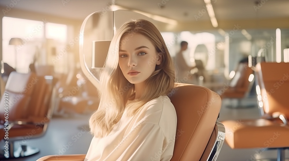 
A beautiful elegant girl sits near the mirror and does visage and make-up. Close-up of a woman's face in a fashionable beauty salon interior, Generative AI.