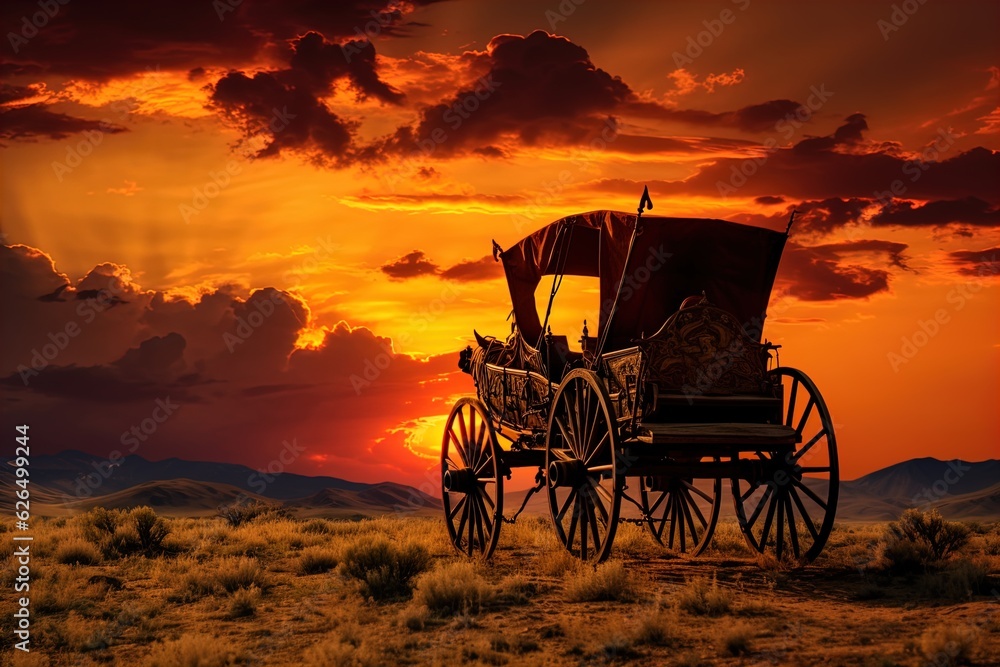 A horse and wagon on a trail in the old West. Great for stories on cowboy movies, Old West, frontier spirit, pioneers, gold rush and more. 