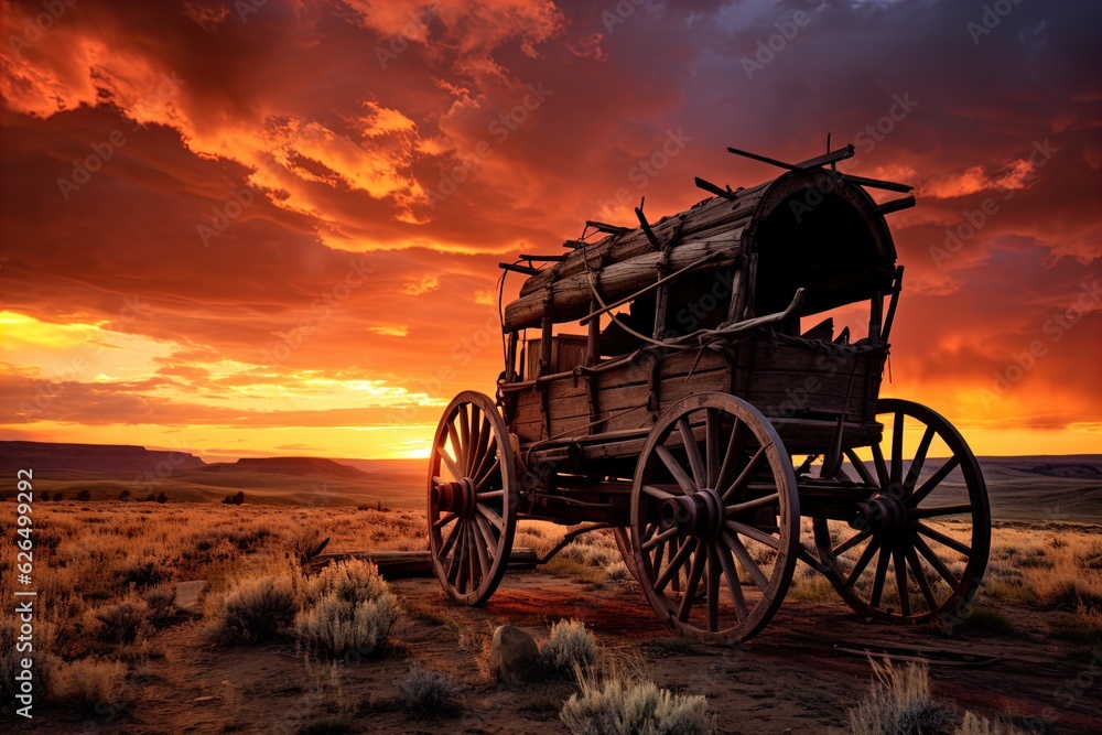 Fototapeta premium A horse and wagon on a trail in the old West. Great for stories on cowboy movies, Old West, frontier spirit, pioneers, gold rush and more. 
