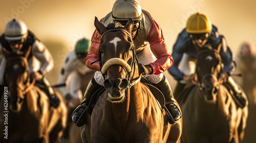 Fotografia Race horses, Race horses with jockeys with motion blur