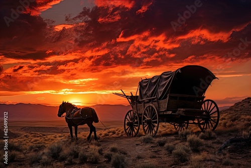 A horse and wagon on a trail in the old West. Great for stories on cowboy movies, Old West, frontier spirit, pioneers, gold rush and more. 