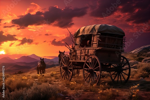 Fotografiet A horse and wagon on a trail in the old West