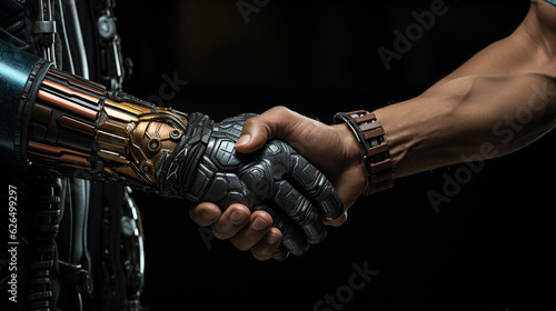 Handshake of modern robot hand with man closeup picture