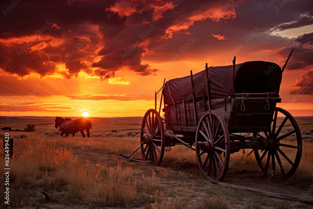Fototapeta premium A horse and wagon on a trail in the old West. Great for stories on cowboy movies, Old West, frontier spirit, pioneers, gold rush and more. 