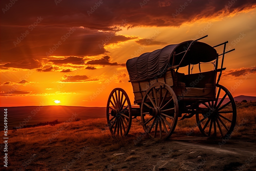 Fototapeta premium A horse and wagon on a trail in the old West. Great for stories on cowboy movies, Old West, frontier spirit, pioneers, gold rush and more. 