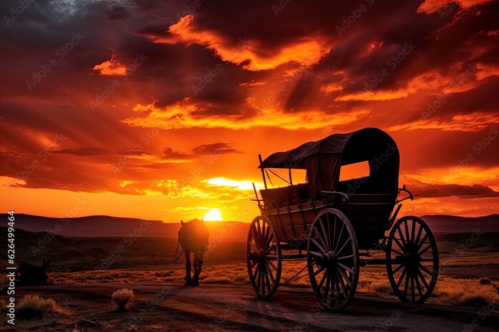Fototapeta premium A horse and wagon on a trail in the old West. Great for stories on cowboy movies, Old West, frontier spirit, pioneers, gold rush and more.