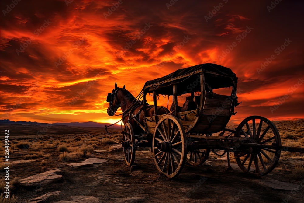 Fototapeta premium A horse and wagon on a trail in the old West. Great for stories on cowboy movies, Old West, frontier spirit, pioneers, gold rush and more. 