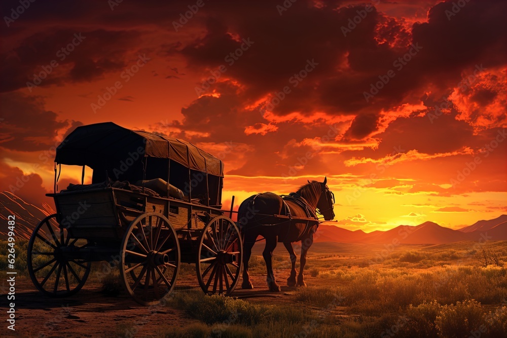 Fototapeta premium A horse and wagon on a trail in the old West. Great for stories on cowboy movies, Old West, frontier spirit, pioneers, gold rush and more.