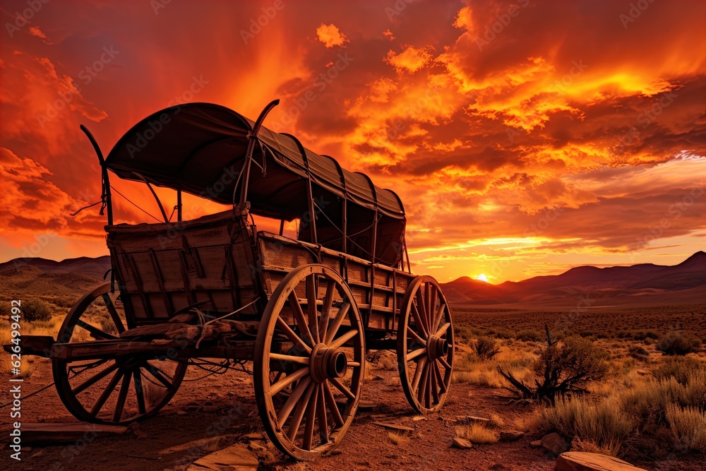 Fototapeta premium A horse and wagon on a trail in the old West. Great for stories on cowboy movies, Old West, frontier spirit, pioneers, gold rush and more. 