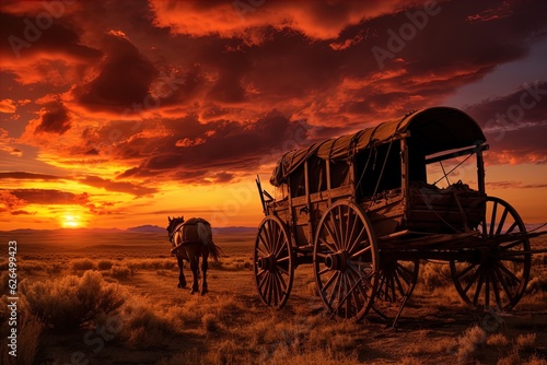 A horse and wagon on a trail in the old West. Great for stories on cowboy movies, Old West, frontier spirit, pioneers, gold rush and more. 