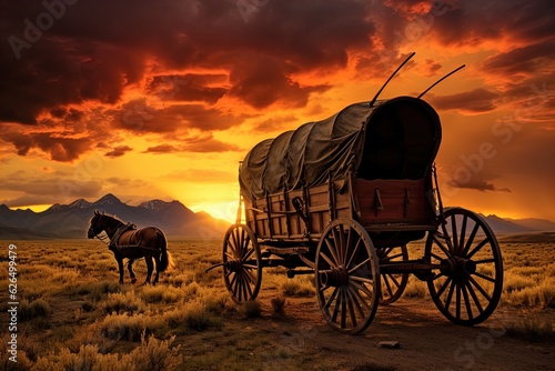 A horse and wagon on a trail in the old West. Great for stories on cowboy movies, Old West, frontier spirit, pioneers, gold rush and more. 