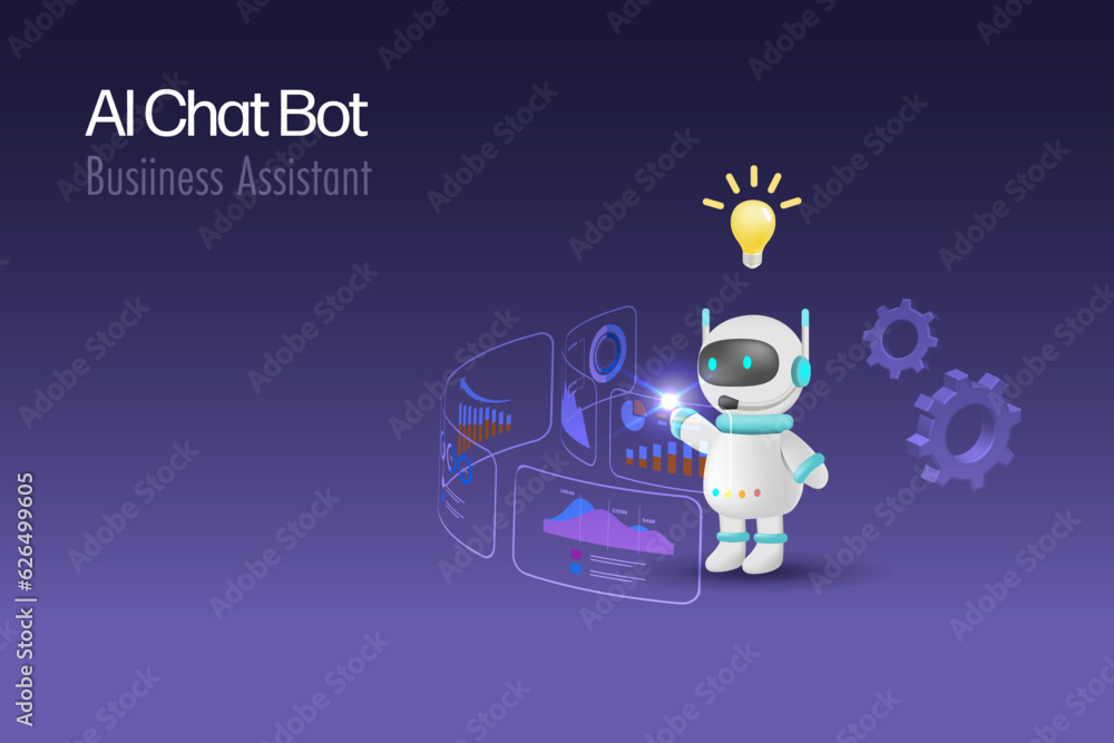 AI chat bot analyzing business graph report and generate smart solution. Artificial Intelligence robot technology acts as business assistant in decision making and problem solving. 3D vector. AI chat bot analyzing business graph report and generate smart solution. Artificial Intelligence robot technology acts as business assistant in decision making and problem solving. 3D vector.