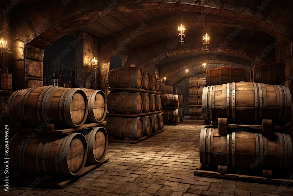 Old Wooden barrels with wine in a wine vault. Old Wooden barrels with wine in a wine vault.
