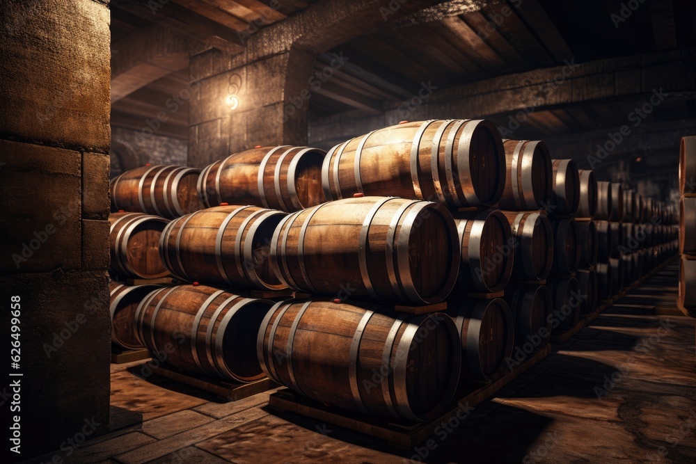 Old Wooden barrels with wine in a wine vault.
