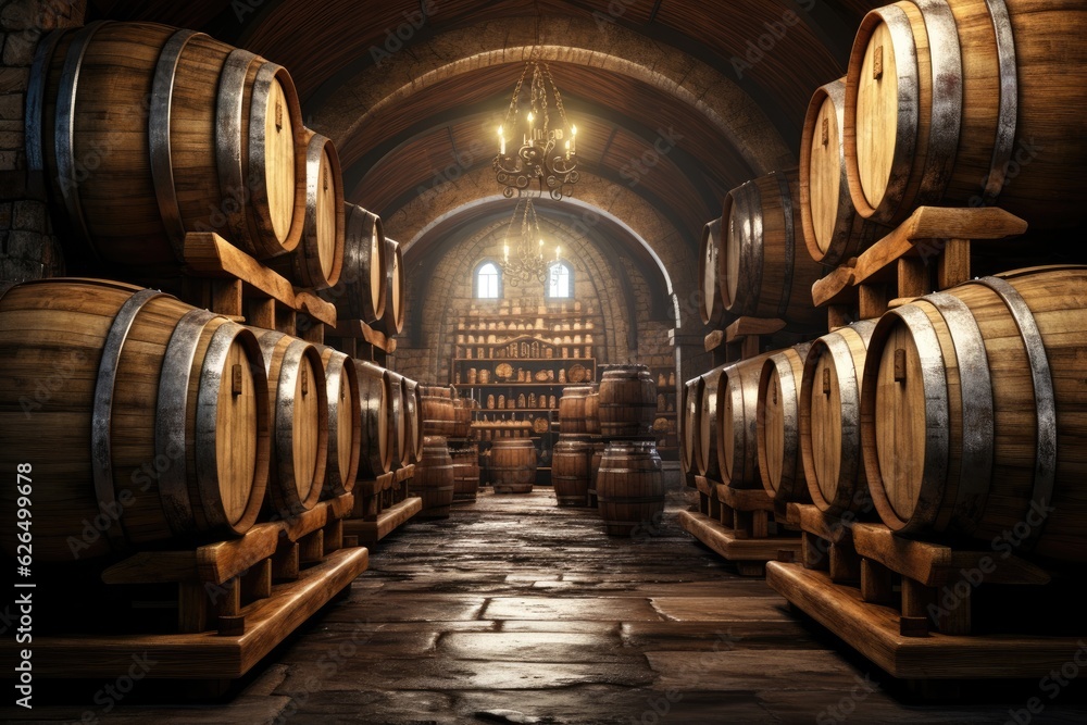 Old Wooden barrels with wine in a wine vault.